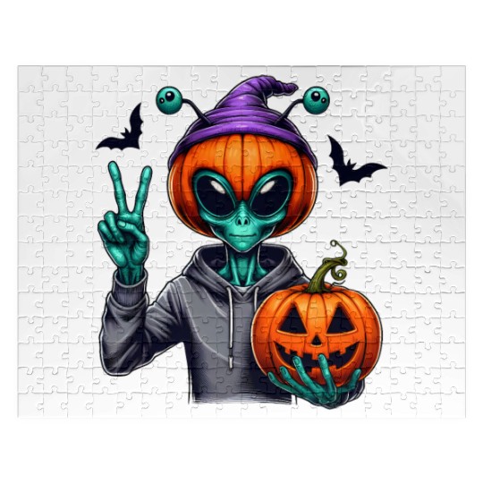 Peaceful alien with Halloween pumpkin Jigsaw Puzzles