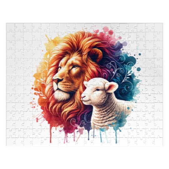 Lion and Lamb Christian Watercolor Design Jigsaw Puzzles
