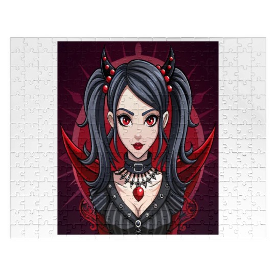 Gothic Anime Girl Dark Red Color Illustration Jigsaw Puzzles
