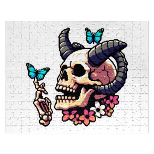Pixel Art Horned Skull enjoy the butterflies Jigsaw Puzzles