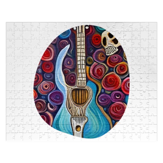 Blue Electric Guitar, Skull and Roses Jigsaw Puzzles