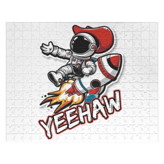 Space Cowboy Riding a Rocket with Yeehaw Slogan Jigsaw Puzzles