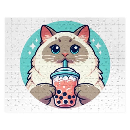 Siamese cat having bubble tea Jigsaw Puzzles