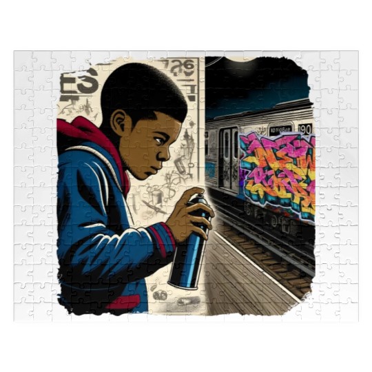 AI Teen in Underground Subway Layup -Masked Border Jigsaw Puzzles