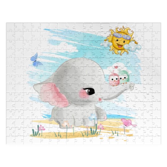 Elephant Walking At Beach With 2 Birds Friends Jigsaw Puzzles
