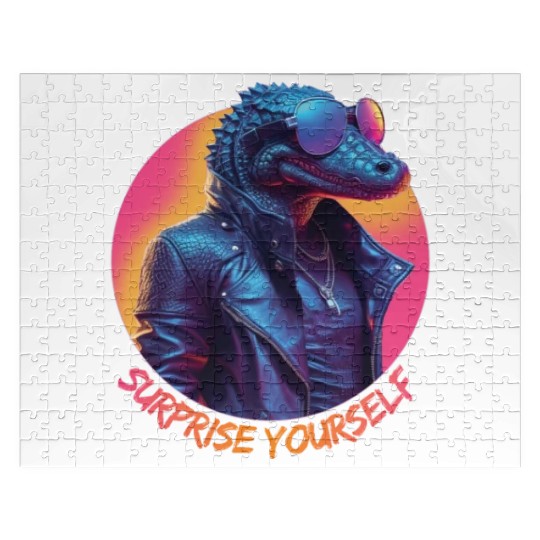 Synthwave style crocodile wearing sunglasses Jigsaw Puzzles