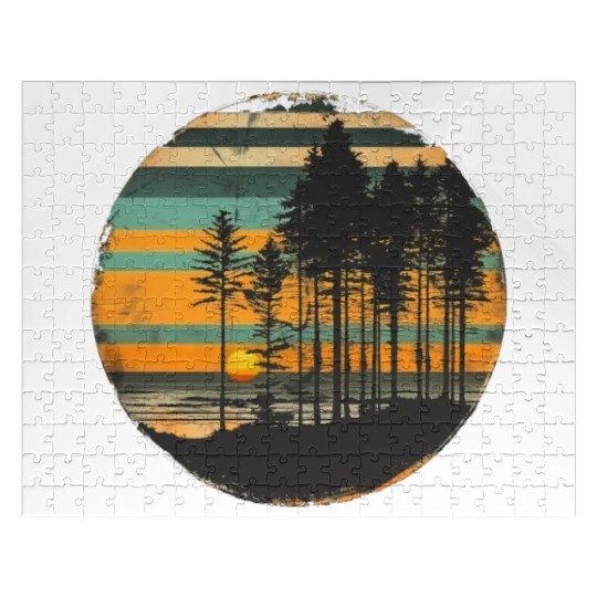 Sunset Forest Nature Outdoors Retro 80s Vibe Jigsaw Puzzles