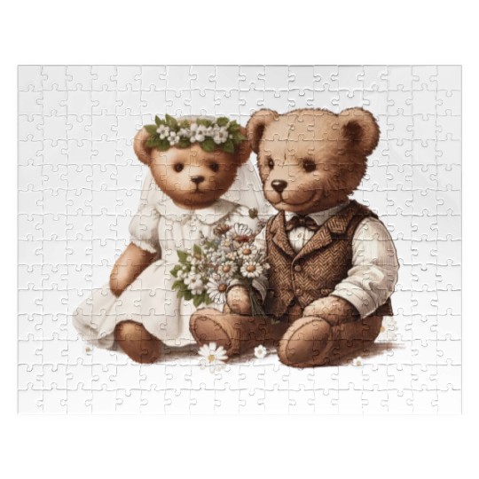 Vintage wedding: teddy bear bride and groom Jigsaw Puzzles