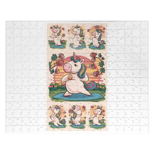 Unicorn Yoga Sunset Lake Rainbow Jigsaw Puzzles