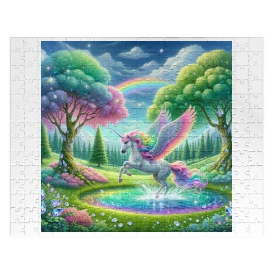 Enchanted Rainbow Unicorn Over Sparkling Pond Jigsaw Puzzles