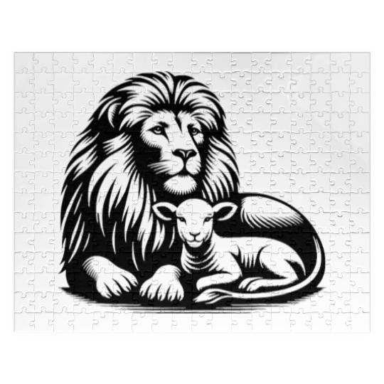 Lion and Lamb Black Design Christian Jigsaw Puzzles