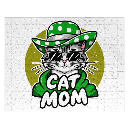 Cat Mom Funny cat with sunglasses, hat and clothes Jigsaw Puzzles