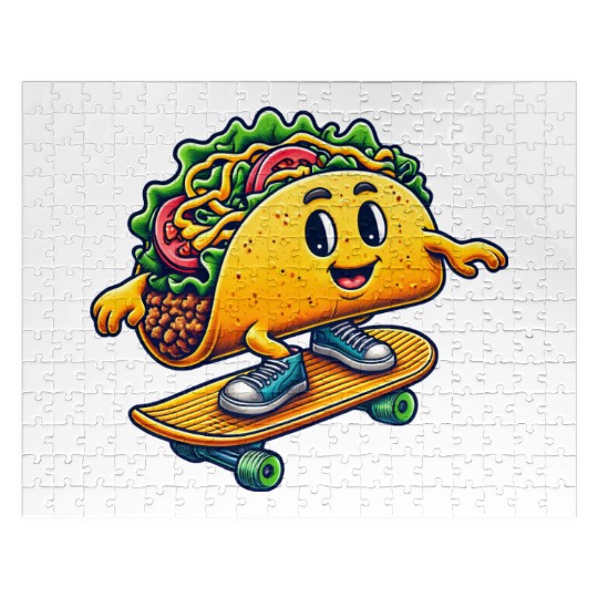 Taco skater skateboard Mexican food fun Jigsaw Puzzles