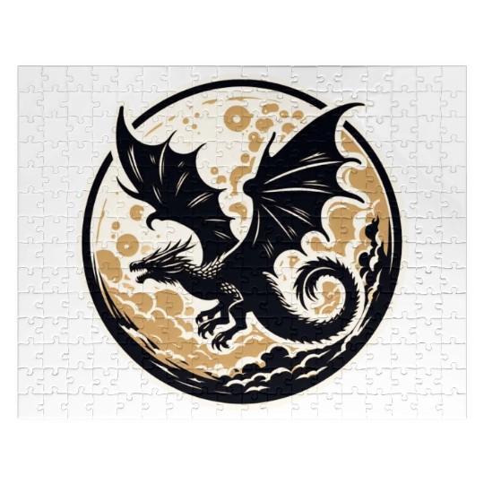 Mystical Dragon Silhouette Against Full Moon Jigsaw Puzzles