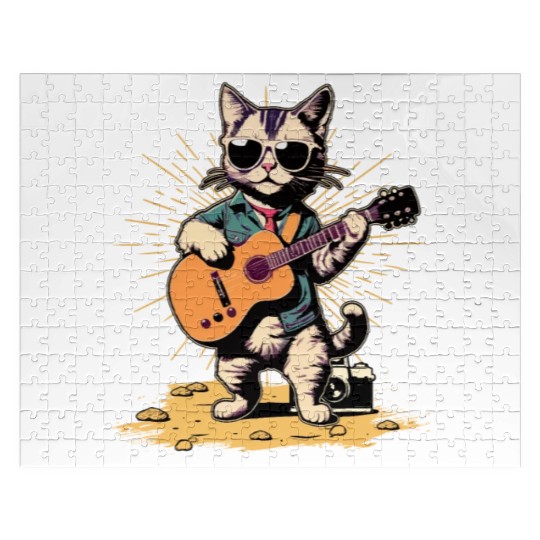 Musician Cat Rocker Acoustic Guitar Instruments Jigsaw Puzzles