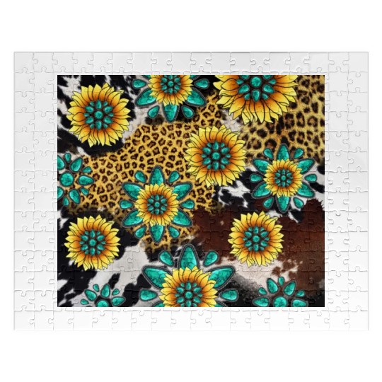 Turquoise Gemstone Sunflowers Leopard Cowhide Jigsaw Puzzles