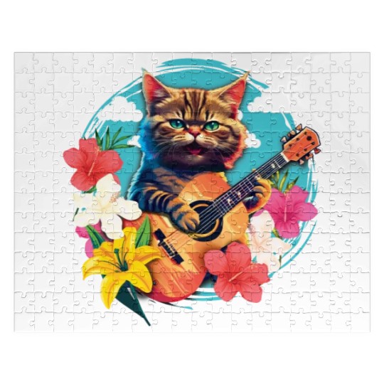 Musician Cat Plays Guitar Floral Rock Aloha Jigsaw Puzzles
