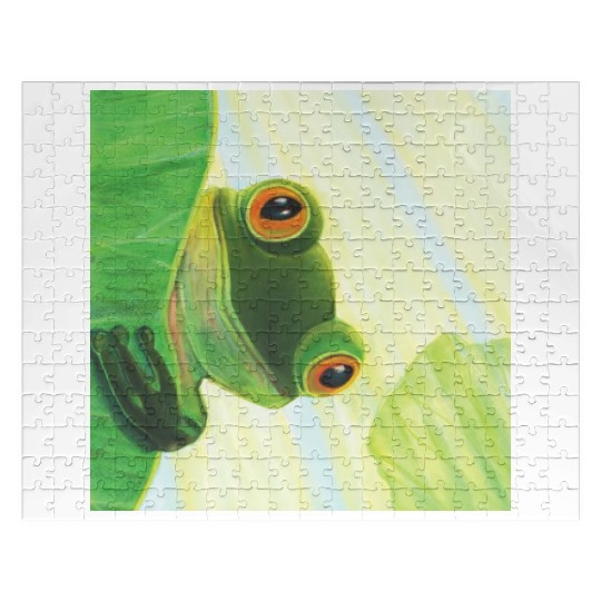 Cute Green Frog Peeping out From Behind Lily Pad Jigsaw Puzzles