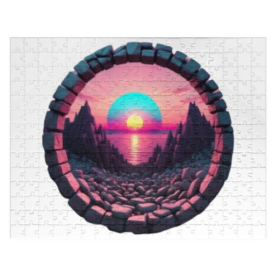Synthwave Rocky landscape with Setting Sun Jigsaw Puzzles