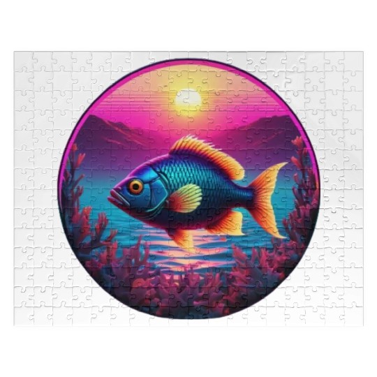 Synthwave Fish and Coral and a Sunset and Ocean Jigsaw Puzzles