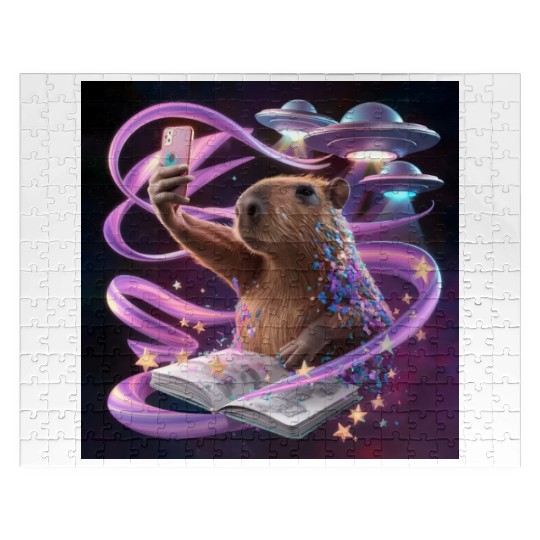 Funny Graphic Jigsaw Puzzles Capybara Selfie with UFOs Weird