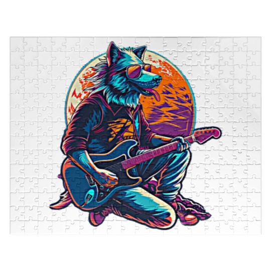 Blue Wolf Moon Guitar Player Retro Sunglasses Jigsaw Puzzles