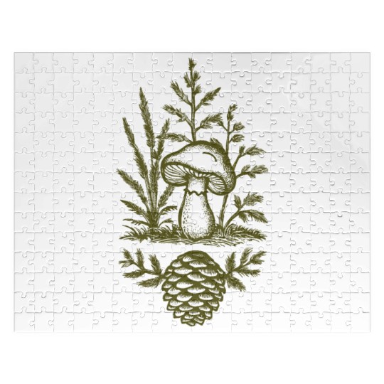 Mushroom and Pine Cone Design Forest Green Jigsaw Puzzles