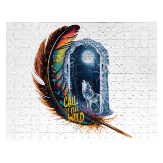 Glowing feather with wolf howling at the moon Jigsaw Puzzles