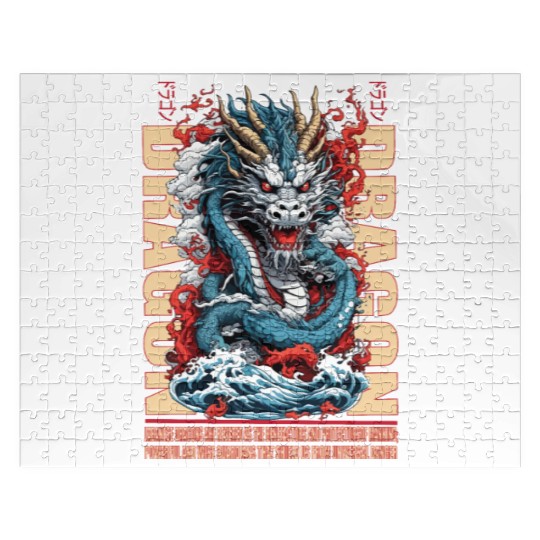 Japanese dragon on waves Jigsaw Puzzles