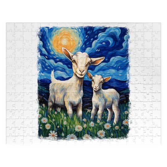 Goats Farm Animals Farmer Starry Night Painting Jigsaw Puzzles