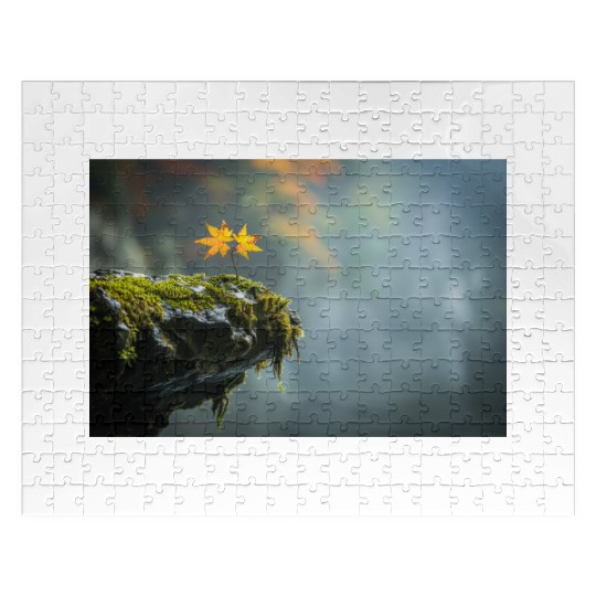 Autumn Leaves on Mossy Rock Cliff Edge Jigsaw Puzzles
