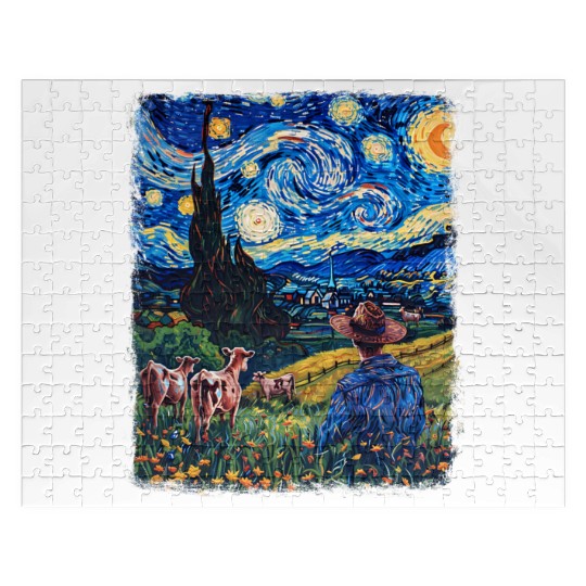 Cow Farmer Farming Farm Starry Night Painting Jigsaw Puzzles