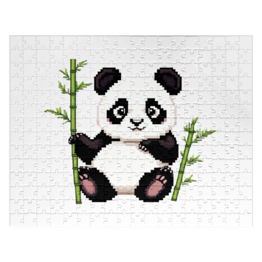 A pixel art of a panda with a bamboo leaf Jigsaw Puzzles
