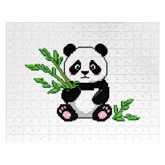 A pixel art of a panda with a bamboo leaf Jigsaw Puzzles