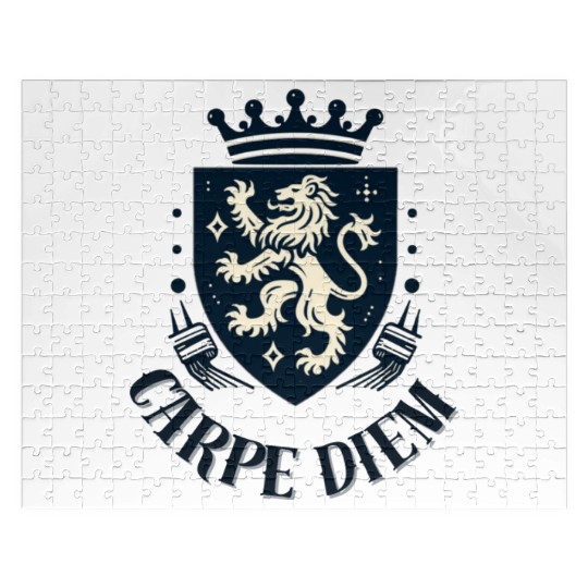 Carpe Diem - Elegant Heraldic Crest With Lion and Jigsaw Puzzles