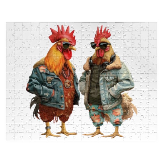 Chickens in chic streetwear attire Jigsaw Puzzles