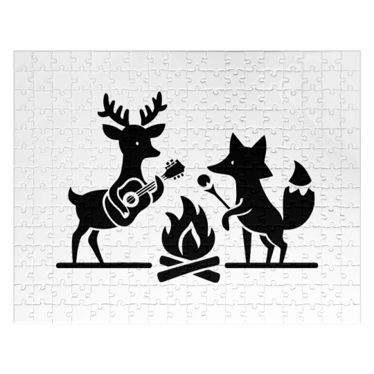 Deer and Fox Camping Campfire - vector one color Jigsaw Puzzles