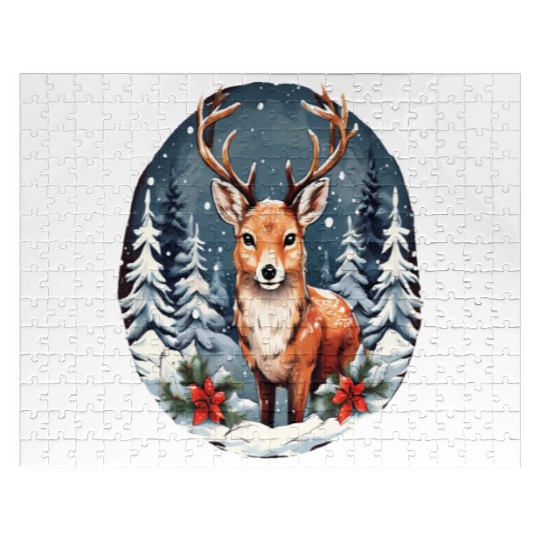 Christmas Deer with Poinsettia and Snow Jigsaw Puzzles