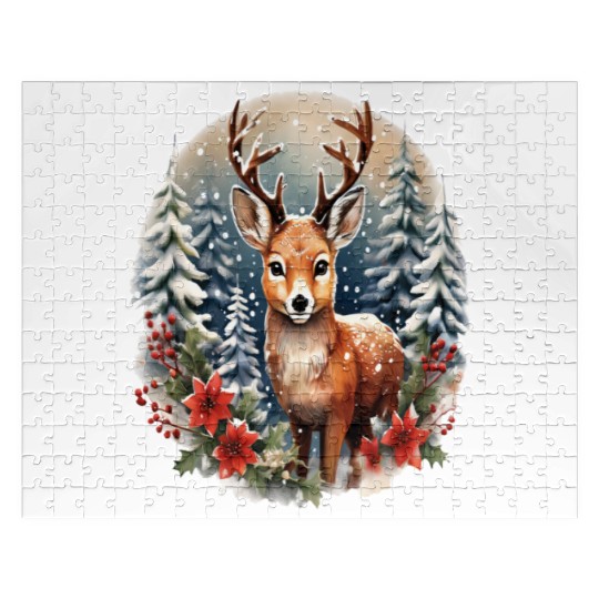 Christmas Deer with Poinsettia and Snow Jigsaw Puzzles