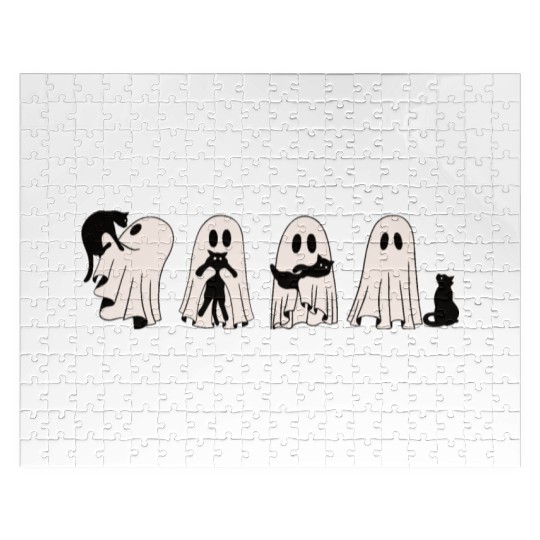 Funny Ghost Black Cat Spooky Season Trick Or Treat Jigsaw Puzzles