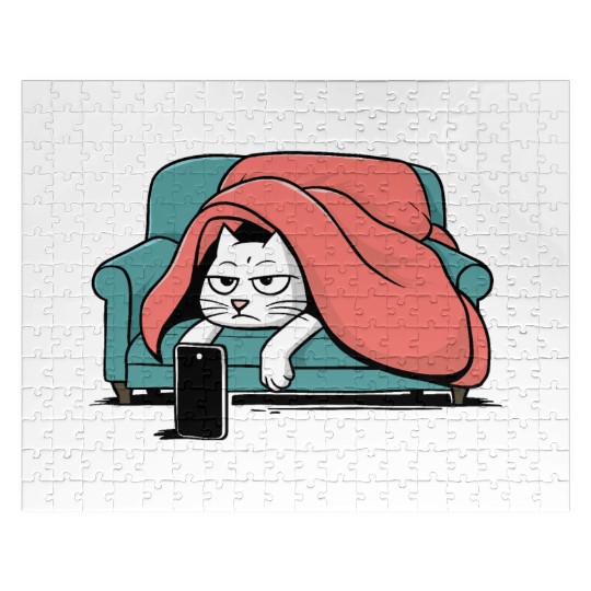Bored Cat on Couch With Smart Phone Jigsaw Puzzles