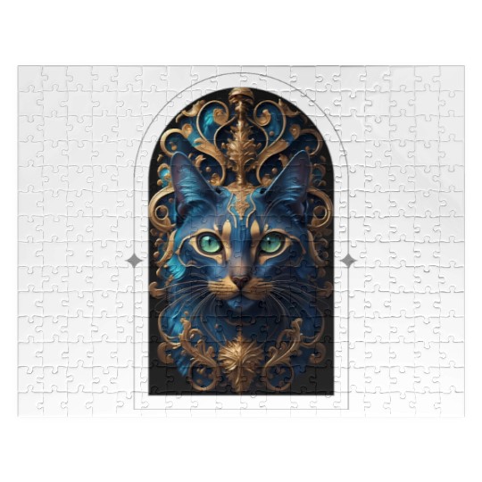 Elegant stylish blue and gold cat face Jigsaw Puzzles