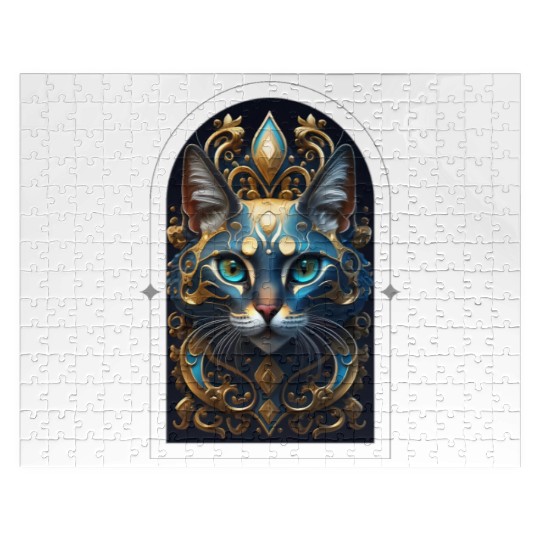 Elegant stylish blue and gold cat face Jigsaw Puzzles
