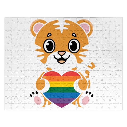 LGTBQ Tiger Holding Rainbow Heart Jigsaw Puzzles