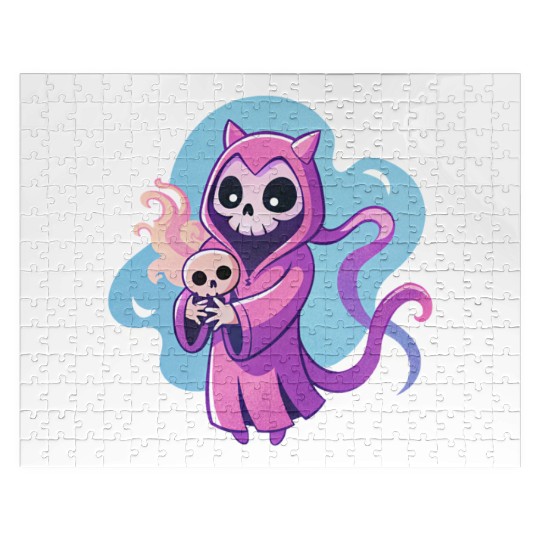 skeletal figure, violet pink robe, lavender puppy Jigsaw Puzzles