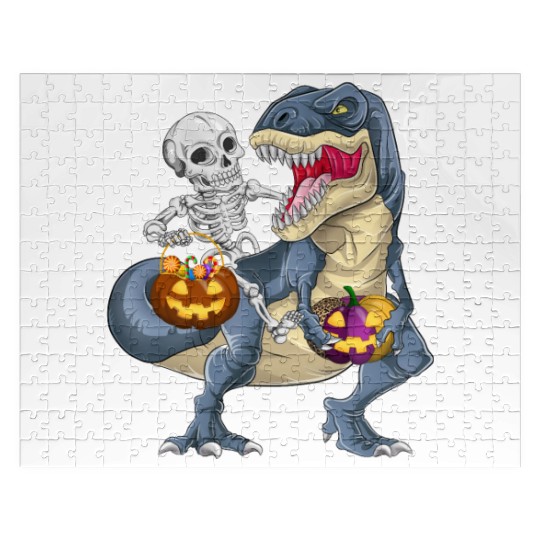 Skeleton Riding Dinosaur T rex Halloween Pumpkin Jigsaw Puzzles