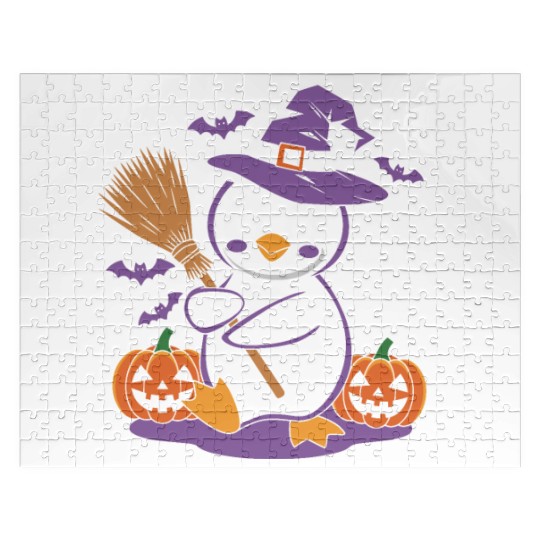 Cute Penguin Halloween Witch with Pumpkins and Jigsaw Puzzles