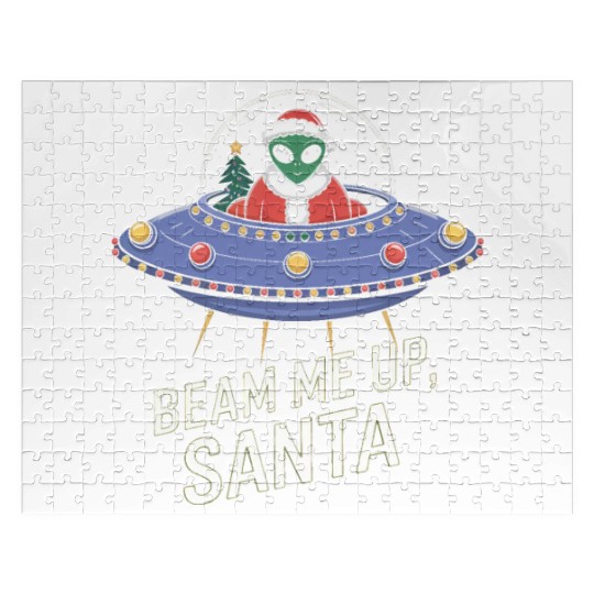 Alien in Santa Suit with UFO Beam Me Up Holiday St Jigsaw Puzzles