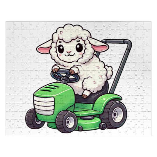 Funny sheep lawn mower farmer lamb grass Jigsaw Puzzles