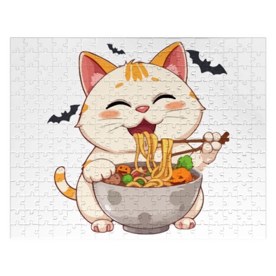 cat ramen Halloween anime kawaii neko eating noodl Jigsaw Puzzles